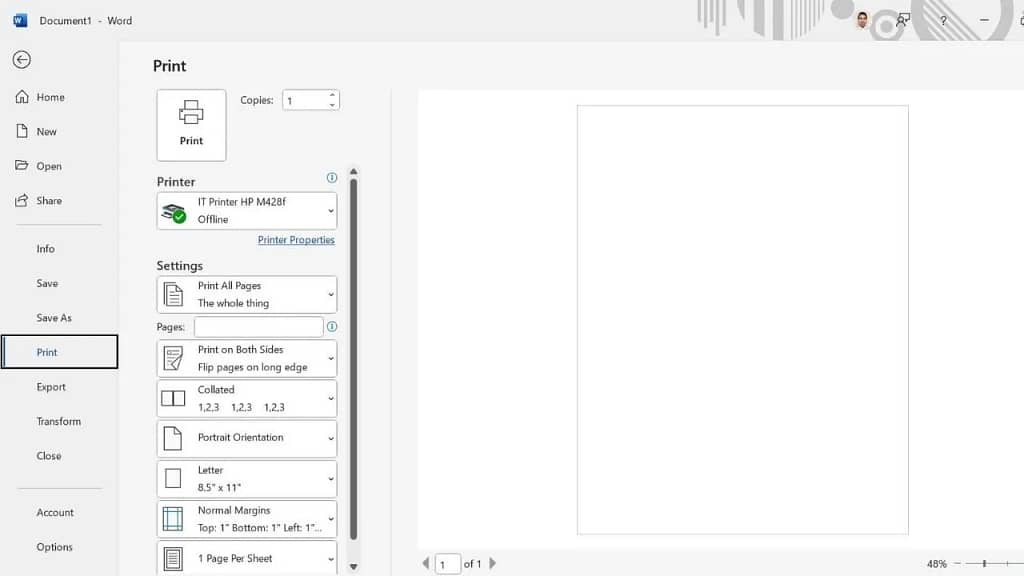 Check Offline Printer in Word