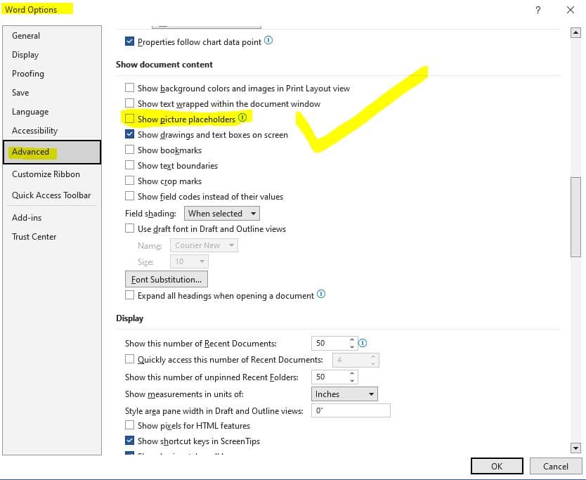 Disable Show picture placeholders